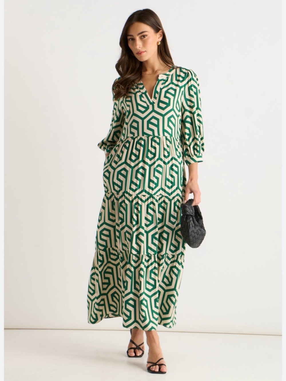 Zara Summer Cotton Geometric Dress  Geo-Print V-Neck Tiered Maxi Dress